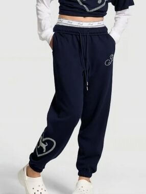VS PINK Ivy Fleece Relaxed Fit Sweatpants Navy Pearl Bling